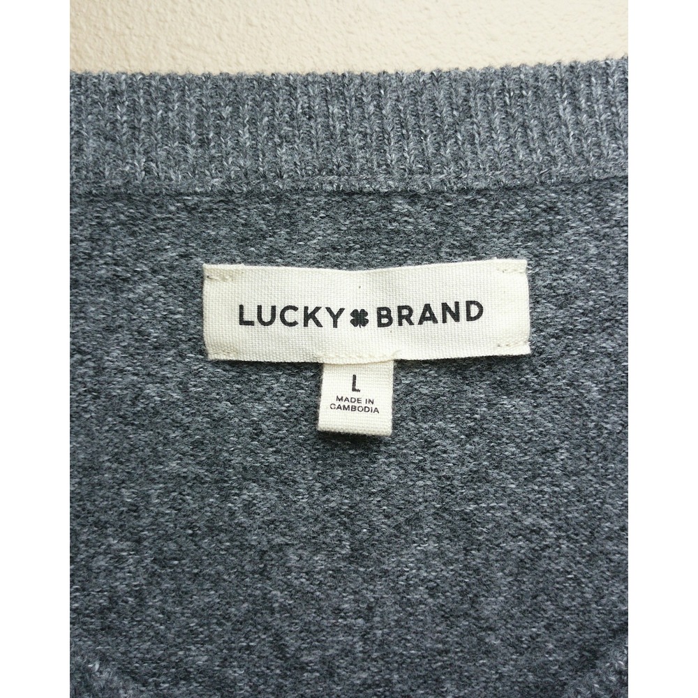 Lucky Brand Grey V-Neck Oversized Knit Sweater Heathered Charcoal Pullover L - Picture 4 of 11